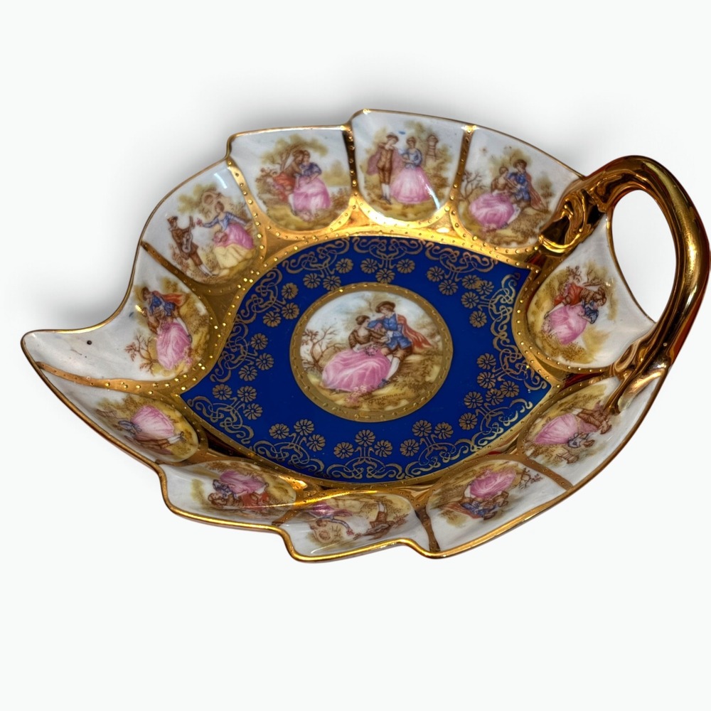 Vintage Reichenbach German Cobalt Gold Courting Couple Leaf Bonbon Dish